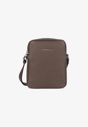 Brown leather crossbody bag with a textured finish, rectangular shape, top zip closure, and a detachable shoulder strap. Silver hardware accent.
