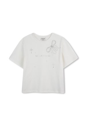 White cotton t-shirt with short sleeves, featuring rhinestone butterfly design and text, textured with sparkles and decorative accents.