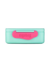 Turquoise lunchbox with a pink handle and logo. Smooth plastic material, rectangular shape, and a secure clasp for easy opening.