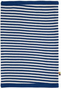 Sciarpa tubolare a righe realizzata in tessuto morbido, con righe orizzontali alternate blu navy e bianche. Include un piccolo tag colorato sul bordo.