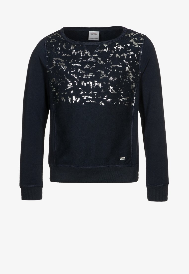 Pull à manches longues bleu marine avec des détails en sequins argentés sur la poitrine et un col rond.