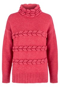Růžový pletený svetr s rolákem, se zkroucenými vzory v horizontálních pruzích a žebrovanými manžetami. Měkká textura, střední tloušťka.