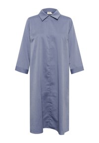 Svetlomodré šaty z jemného materiálu s ostrým golierom, 3/4 dlhými rukávmi a rovnými líniami, s predným zapínaním na gombíky.