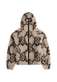 Fleece jakke med lynlås og hætte, med et geometrisk mønster i beige og brune nuancer, blød tekstur og sort lynlåslukning foran.