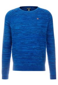 Blaues gestricktes Sweatshirt mit einem strukturierten Muster, Rundhalsausschnitt und langen Ärmeln. Verfügt über ein kleines Flaggenemblem auf der Brust.