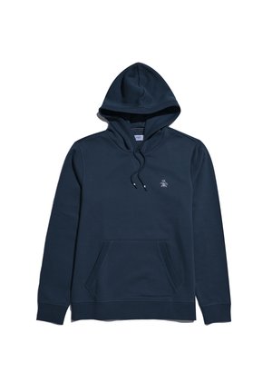 Navy-blaues Hoodie aus Baumwollmischgewebe mit Kängurutasche, verstellbarem Kapuzenzug und kleinem Logo auf der Brust.