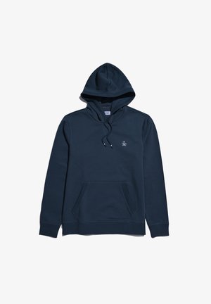 Marineblauwe hoodie van katoenmixstof, met een kangoeroezak, een capuchon met trekkoord en een klein logo op de borst.