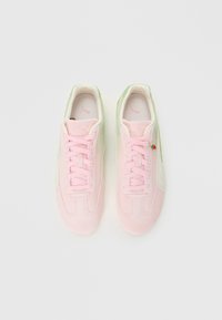 Een paar roze en lichtgroene suède sneakers met roze veters, plat gelegd op een witte achtergrond, vanuit boven bekeken.