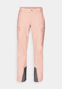 Pink waterproof pants with a straight leg design, featuring side pockets, reinforced lower edges in dark gray, and stitching details.