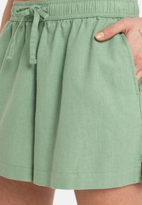 Lichtgroene linnen shorts met een elastische tailleband en trekkoord, voorzien van zijzakken en een relaxte pasvorm. Geweven stofdetails zichtbaar.