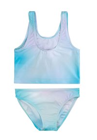 Helles blaues Bikini-Set bestehend aus einem Tanktop mit Rundhalsausschnitt und passenden Slip, hergestellt aus glattem, dehnbarem Stoff mit einem Farbverlauf.