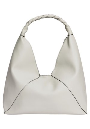 Sac à main en cuir gris doux avec panneaux triangulaires et anse tressée, conçu pour être porté à l'épaule.