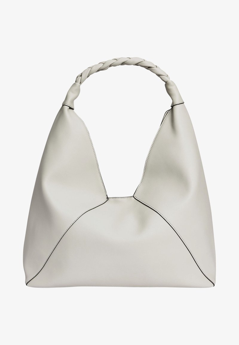 Sac à main en cuir gris doux avec panneaux triangulaires et anse tressée, conçu pour être porté à l'épaule.