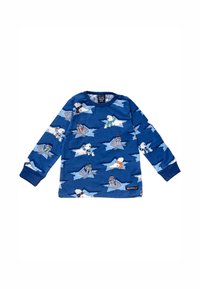 Blue long-sleeve shirt featuring a polar bear and walrus print, made of soft fabric. Includes ribbed cuffs and a round neckline.