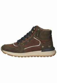 Scarpe in pelle marrone a metà altezza con lacci blu, dettagli in tessuto, zip laterale, cuciture bianche e suola in gomma con un motivo di battistrada testurizzato.