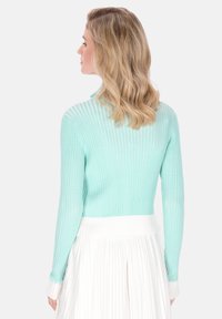 Pulover turcoaz deschis cu dungi și mâneci lungi, având o margine albă contrastantă. Model arătat din spate, asortat cu o fustă plisată albă.