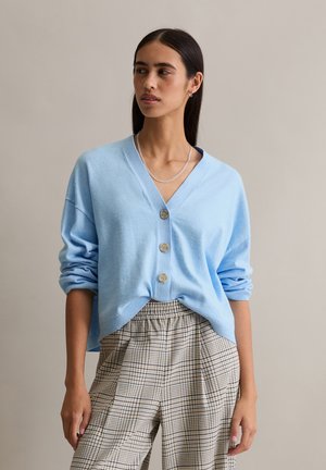 Cardigan azzurro chiaro in tessuto morbido con scollo a V, caratterizzato da quattro bottoni rotondi e maniche arrotolate, indossato sopra pantaloni beige a quadri.