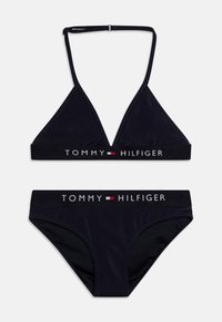 Black bikini set featuring a triangular top with adjustable straps and a matching bottom. Both pieces have a branded elastic band.