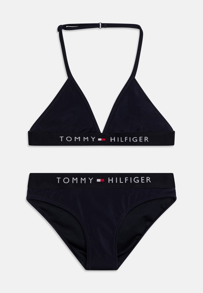 Black bikini set featuring a triangular top with adjustable straps and a matching bottom. Both pieces have a branded elastic band.
