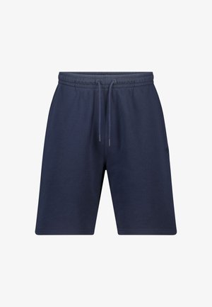 Marineblaue Herren-Freizeithosen mit elastischem Bund und Kordelzug, mittellang, schlichtes Design mit kleinem Logo am linken Oberschenkel.