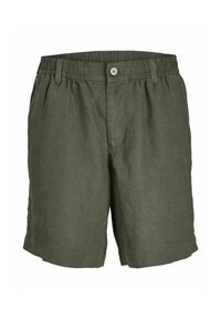 Gröna linne-shortsen har resårmidja, detalj med framknapp och sidofickor, samt en mjuk, lätt textur.