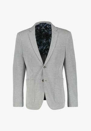 Gray blazer with a tailored fit, featuring a notch lapel, two front pockets, and a patterned dark blue inner lining. Two-button closure included.