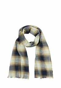 Plaid tørklæde med en vævet tekstur i gule, marineblå og grå nuancer med frynser i enderne, designet til let varme og stil.