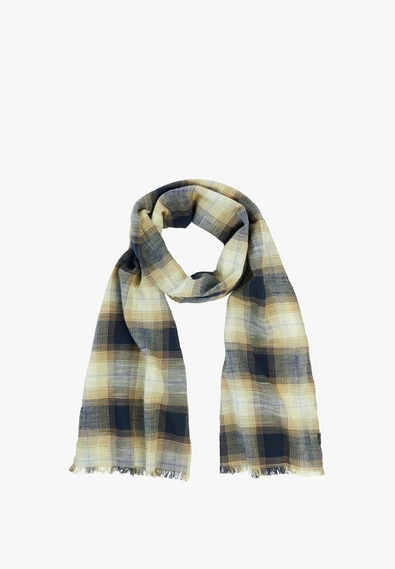 Plaid tørklæde med en vævet tekstur i gule, marineblå og grå nuancer med frynser i enderne, designet til let varme og stil.