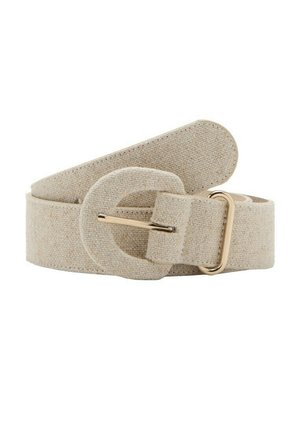 Beigefarbener gewebter Stoffgürtel mit einer großen, mit demselben Stoff bezogenen, runden Schnalle und einem goldenen Metallstift.
