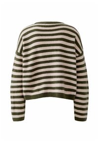 Grün- und crèmefarbener gestreifter Pullover mit lockerer Passform, weitem Ausschnitt und langen Ärmeln. Weiche Textur und gerippter Saum mit cropped Design.