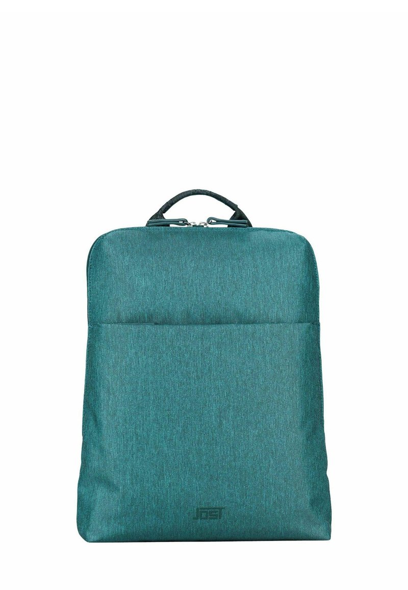 Sac à dos en nylon teal de forme rectangulaire, texture lisse, avec une poignée supérieure et une poche zippée à l'avant. Présente un logo en bas.