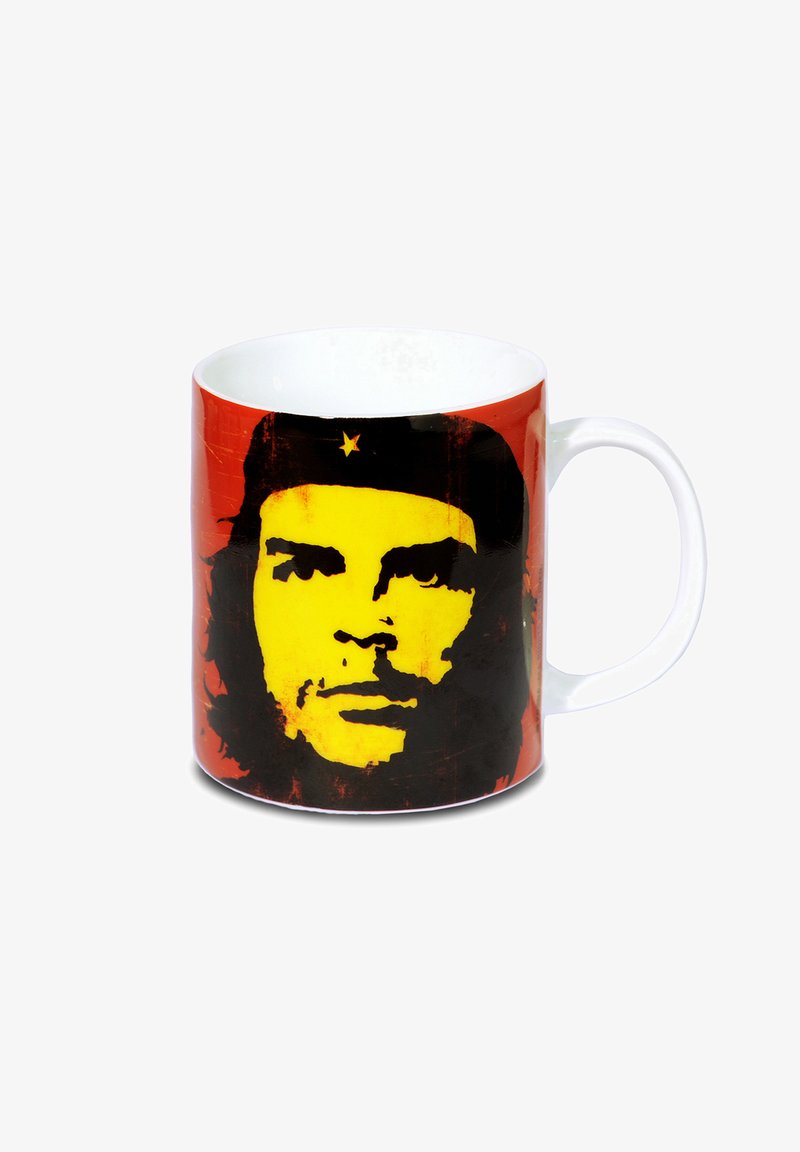 White ceramic mug featuring a large yellow and black graphic of a man's face on a red background, with a star symbol above his head.
