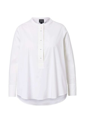 Camicia bianca a maniche lunghe con colletto alla coreana e pattina dei bottoni nascosta, caratterizzata da un orlo leggermente arrotondato e polsini standard.