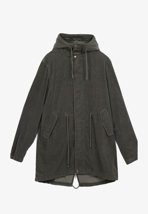 Dark green corduroy jacket with a hood, front snap closure, side pockets, and adjustable drawstrings at the neckline and hem.