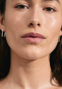 Silver rectangular earrings, smooth texture, worn on a model with a neutral complexion and natural lip color, focusing on facial features.