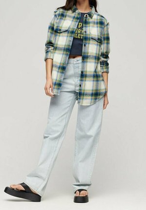 Henkilö, jolla on vaaleansiniset leveälahkeiset farkut, mustat korolliset sandaalit, tummansininen lyhyt t-paita ja avoin sinivihreä ruudullinen nappipaita.