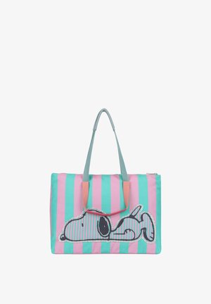 Ampia borsa a sacco rettangolare con strisce verticali rosa e turchesi e disegno di cane dei cartoni animati sdraiato sulla parte anteriore, con manici turchesi.