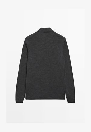 Dark gray long-sleeve pullover with a high collar, shown from the back on a white background.