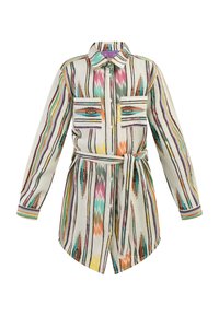 Camicia multicolore con strisce verticali, tasche a toppa e vita annodata. Realizzata in tessuto leggero con chiusura a bottoni.