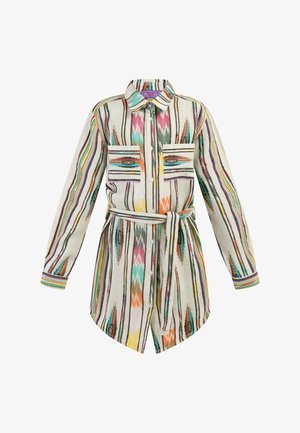 Cămașă multicolor cu dungi verticale, buzunare cu petice și talie legată. Fabricată dintr-un material ușor, cu deschidere prin nasturi.