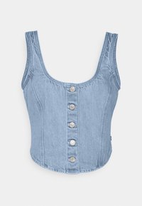 Ljusblå denim ärmlös crop top med rund nacke och fem framskjutna knappar. Har en strukturerad passform och subtila sömdetaljer på sidan.
