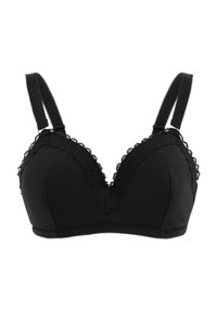 Svart behå med V-ringad design, tillverkad av slät tyg. Har scallop-lace detalj längs kanterna och justerbara band.