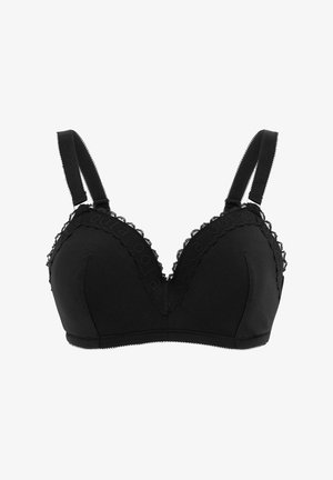 Sort bh med V-hals-design, lavet af glat stof. Har bølget spids mønster langs kanterne og justerbare stropper.