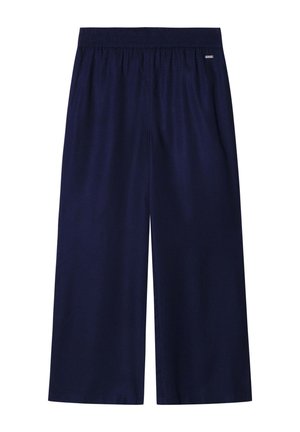 Marineblauwe wijde broek met elastische tailleband, gemaakt van lichtgewicht gestructureerde stof, plat weergegeven op een witte achtergrond.