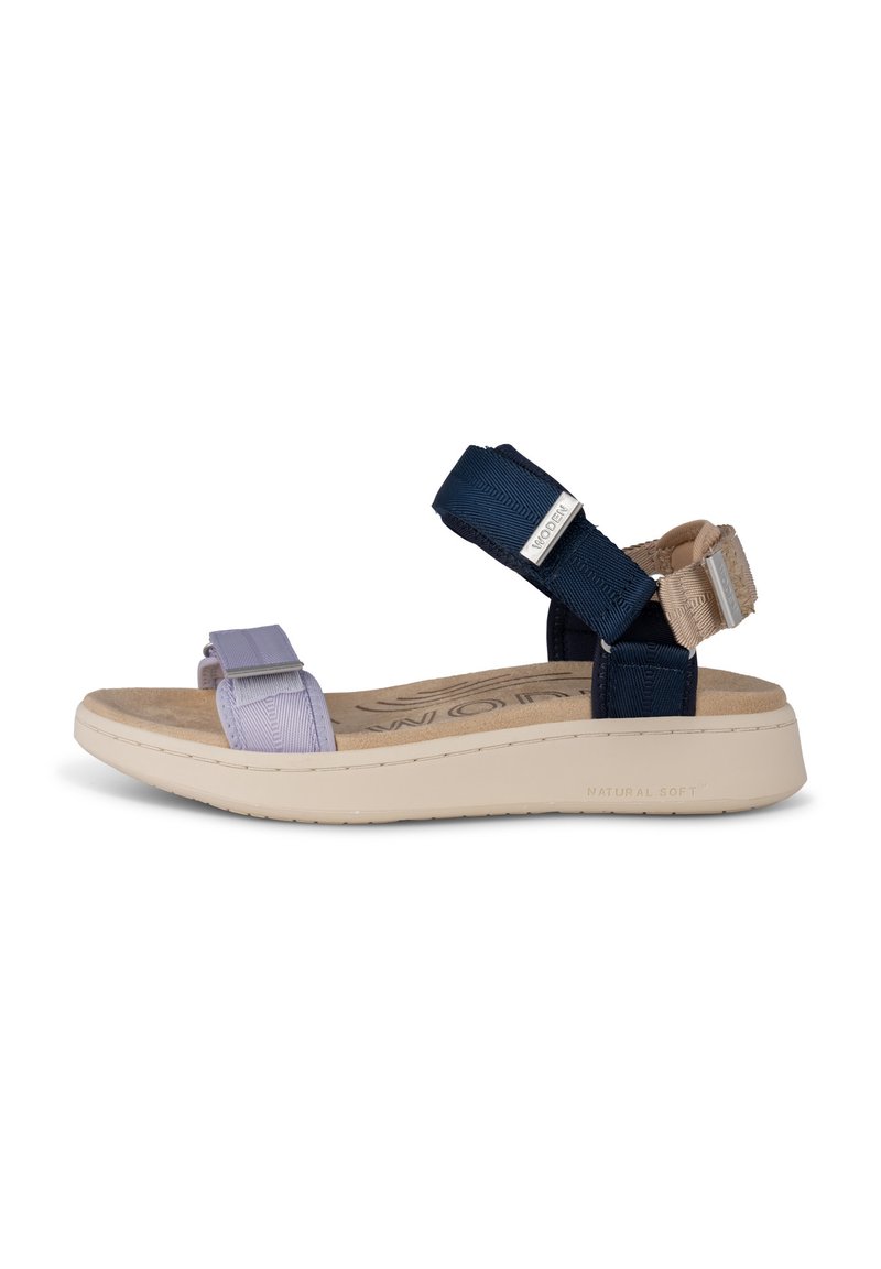Sandaler med remmar i marinblått, lavendel och tanfärgad väv, med en vadderad beige sula. Justerbara remmar med metalldetaljer för en bra passform.