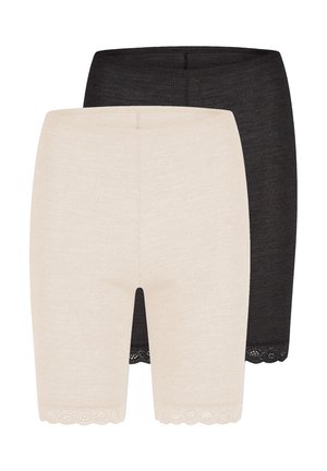 Two pairs of ribbed knit shorts with scalloped lace trim at hem, one beige in front and one black behind on a white background.