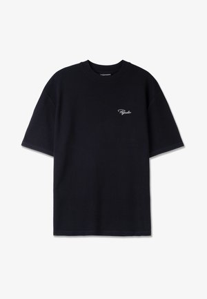 Black short-sleeve t-shirt with a textured waffle pattern and a small white logo on the left chest. Ribbed crew neckline.
