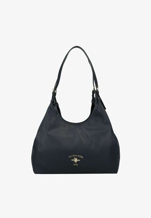 Sac hobo en cuir bleu marine avec surface texturée, forme incurvée et doubles anses épaules. Présente un logo doré en accent à l'avant.