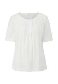 Blouse blanche à manches courtes avec encolure ronde et plis verticaux au centre devant.