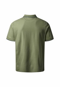 Polo à manches courtes vert olive vu de dos, avec un col et une bordure foncée sur les manches et le col. Aucun logo ou motif visible.